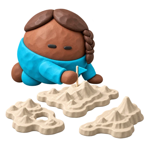 Clay illustration: researcher choosing an island on a sculpted terrain map.