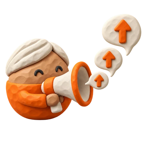 Hand-sculpted clay character with an orange megaphone and three separate speech bubbles, each with an upward arrow.