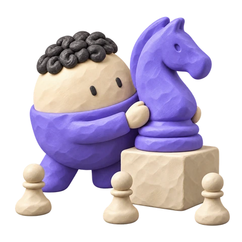 Clay illustration: strategist placing a distinctive lilac knight above smaller pawns.
